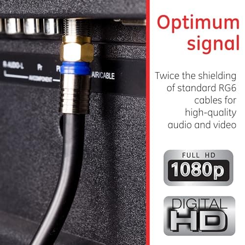 GE RG6 Coaxial Cable, 50 ft. F-Type Connectors, Quad Shielded Coax Cable, 3 GHz Digital, in-Wall Rated, Ideal for TV Antenna, DVR, VCR, Satellite, Cable Box, Home Theater, Black, 33532 5