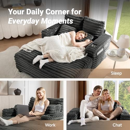 Amsleekey 64" Chaise Lounge Chair Indoor, Oversized Sleeper Chair with Wood Frame, Upholstered Sofa Bed for Living Room, Movie Room, Bedroom with 4 Storage Pockets&2 Cup Holders(Plush Corduroy, Grey) 9