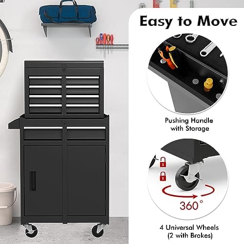 Goplus Tool Chest, 5 Drawers Rolling Tool Cabinet with Detachable Top Toolbox, Universal Lockable Wheels, Lock Bar, Protective Liner & Tool Rack, Metal Tool Storage Cart, Tool Box for Garage Workshop 5