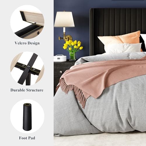 Allewie Queen Size Velvet Bed Frame/Vertical Channel Tufted Wingback Headboard/Upholstered Platform Bed/Strong Wooden Slats/No Box Spring Needed/Easy Assembly/Black 8