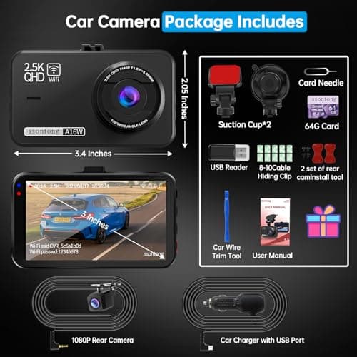 Dash Cam Front and Rear, Dash Camera for Cars WiFi/APP Control Dual Dashcam W/ 64GB Card, 2.5K Dash Cam Front+1080P Rear Car Camera W/Super Night Vision, Loop Recording, G-Sensor, Max Support 256GB 9