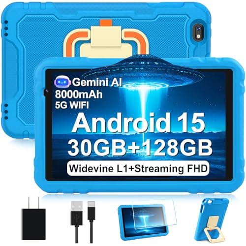 2026 Tablet 10 inch Android 15 Tablets 30GB RAM 128GB ROM 1TB Expand, 8000mAh Octa-Core Tablet with Drop-proof Case, Gemini AI, HD IPS Display, GPS, 5G WIFI, Split-screen, Widevine L1 -Metal Blue