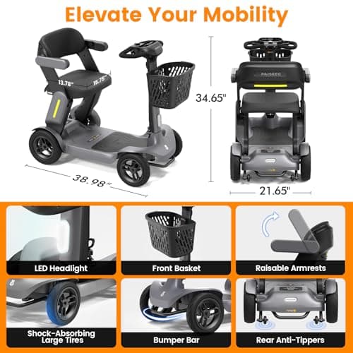Paiseec S3 Foldable Mobility Scooter for Adults, Seniors - 25 Miles Range, 6 mph, Lightweight Mobility Scooter for Travel, Improved Safety, Large Wheels for Outdoor, LED Headlight, Basket 8