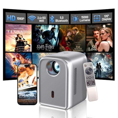 Mini Portable Projector with WiFi and Bluetooth, Outdoor Projector 1080P HD Support, 15000 Lumen, Movie Projectors for Outdoor Use, Home Theater, Bedroom, Wireless to iPhone, ipad, Speaker, Fire Stick