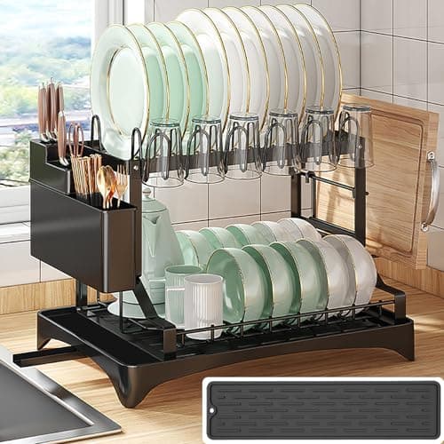 BOOLKER Dish Drying Rack, 2 Tier Dish Racks for Kitchen Counter, Detachable Dish Drainer Organizer with Utensil Holder, Drying Rack with Drain Board, Black, A Mat for Cutting Board