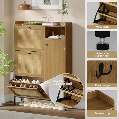 Shoe Cabinet, Natural Rattan Freestanding Shoe Organizer with 3 Flip-out Drawers and 4 Open Shelves Side Cabinet, Slim Wood Shoe Rack with Metal Legs for Entryway, Hallway, Living Room (Natural Color) 6