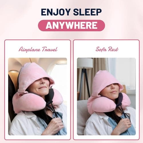 JSELF Travel Pillow with Hood, Neck Pillow for Airplane, Hooded Neck Pillow for Travel, Long Flight, Car, Plane, Office, Sleeping, 100% Pure Memory Foam Head Chin Support Airplane Pillow - Pink 7