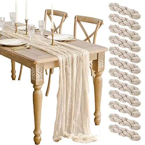 12 Pack Beige Cheesecloth Table Runner 10ft Boho Gauze Cheese Cloth Table Runner Rustic Sheer Runner 120 inch Long for Christmas Wedding Bridal Baby Shower Birthday Table Decorations