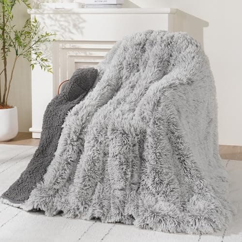 Wemore Shaggy Long Fur Faux Fur Weighted Blanket, Cozy and Plush Sherpa Long Hair Blanket for Adult 15lbs, Fluffy Fuzzy Sherpa Reverse Heavy Blanket for Bed, Couch, Backprint Grey, 60 x 80 Inches
