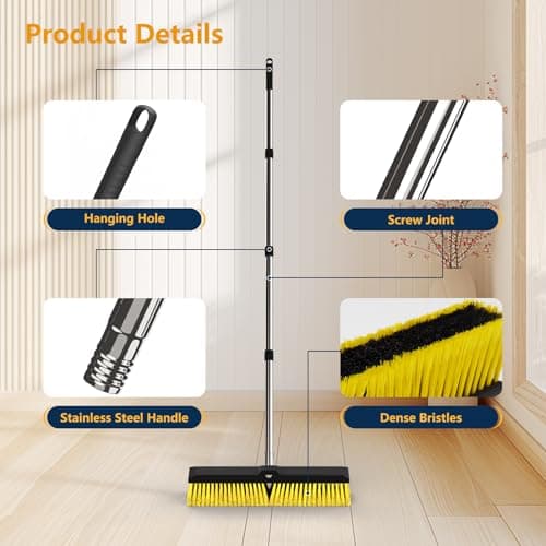 18 Inches Push Broom Outdoor with 65" Adjustable Handle, Heavy Duty Outdoor Broom with Stiff Bristles, for Cleaning Yard, Garage, Shop, Driveway, Wood, Stone, Deck, Concrete, and Tile Floor. 6