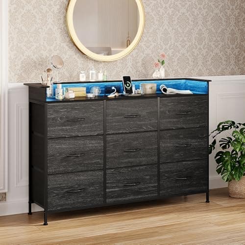 EXOTICA Black Dresser with Charging Station 9 Drawers Dresser with LED Light and USB Ports Fabric Dressers for Bedroom Hallway Entryway Closets Sturdy Steel Frame Wood Top