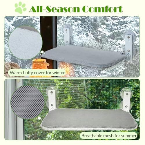 keny Cordless Cat Window Perch, Foldable Cat Window Hammock with 4 Suction Cups, Reversible Cover with Two Different Kinds of Fabrics, 40Lbs Load Capacity Sturdy Cat Window Bed for Cats Inside, Grey 7