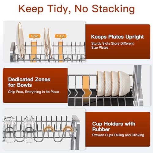 2 Tier Dish Drainers Drying Rack for Kitchen Counter Large Stainless Steel Dishes Drain with Drainboard, Space Saving, Big Modern Silver Countertop Metal Plates Dryer Strainer Holder and Extra Tray 7