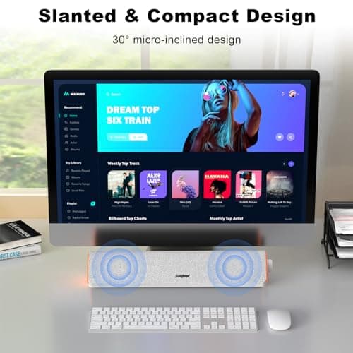 SOULION R50 Bluetooth Computer Speakers, USB Powered Pc Speakers for Desktop Monitor, 3.5mm Wired & Colorful LED Lights, Surround Sound Soundbar for Computer Laptop, White 6