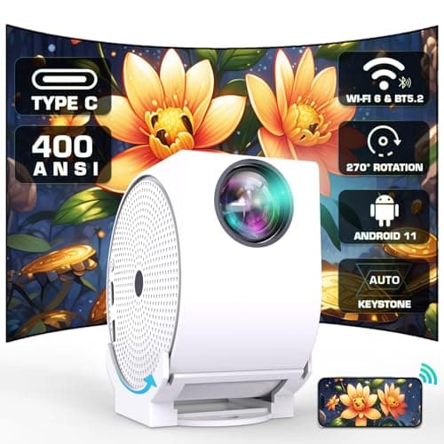 [Built-in Apps] Projector with WiFi and Bluetooth, Android Smart Projector 4K Support Portable Video Projector 270°Adjustable, 400 ANSI Lumen, Auto Keystone & Focus, Outdoor Movie Projector (2025)