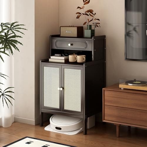 VOLDAX Bamboo Robot Vacuum Stand Cabinet Smart Floor Sweeper Hidden Storage Rack, Multi Tier End Table for Living Room Dining Room Kitchen Home Office(Black)