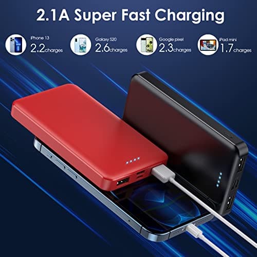 [2 Pack] Portable Charger Power Bank 10000mAh,Ultra Slim Compact External Battery Pack with USB C Input & Dual USB Outputs Backup Charger Compatible with iPhone 13,12, Samsung S20,Tablet-Black+Red 2