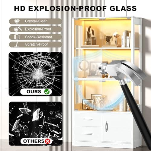 Eclathome Display Cabinet with Glass Doors, 4-Tier Display Case with 3-Color Lights & Human Body Sensor, Storage Cabinets with 3 Shelves & 2 Drawers for Collectibles/Living/Dining/Game Room, White 5