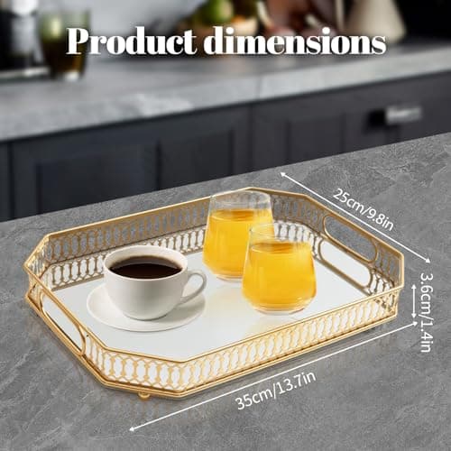 Vintage Gold Mirrored Vanity Mirror Tray Decorative Perfume and Makeup Organizer with Handles for Dresser,Bathroom or Jewelry Display, Decor Home Large Size (Large) 6