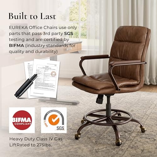 EUREKA ERGONOMIC Mid-Century Vintage Office Chair, Faux Leather Executive Desk Chair with Unique Ball Casters and Fixed Footrest Ring, Brown Retro Swivel Chair for Home Office and Study, Brown 7