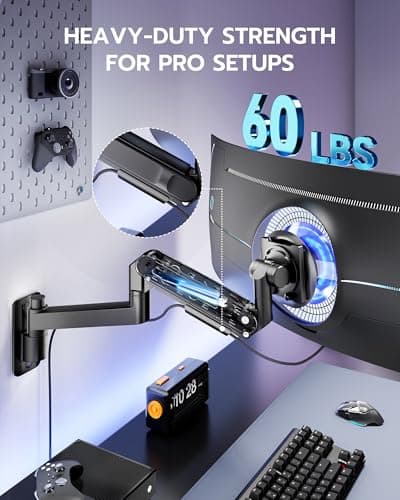 ARES WING Monitor Wall Mount for 24-57 Inch Ultrawide Gaming Screens, Premium Heavy Duty Monitor Arm Holds 60 lbs, Full Motion Gas Spring, Bearing Head for Easy Adjustment, 75/100 VESA Mount, Black 3