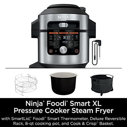 Ninja OL701 Foodi 14-in-1 SMART XL 8 Qt. Pressure Cooker Steam Fryer with SmartLid & Thermometer + Auto-Steam Release, that Air Fries, Proofs & More, 3-Layer Capacity, 5 Qt. Crisp Basket, Silver/Black 12