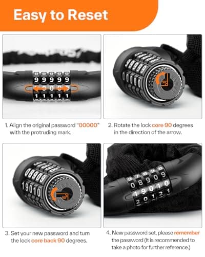 Sportneer Bike Lock: 5 Digit Combination High Security Anti Theft Bike Chain Lock - 3.2/3.6/4ft Heavy Duty Keyless Bicycle Lock for Bike Motorcycle Scooter Door & Gate - Easy to Use, Bike Accessories 6