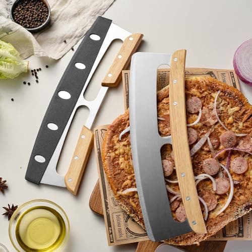 AMUZHI Stainless steel pizza cutter with cover Non-Stick Pizza Cutter pizza cutter rocker 14 inch (Single wooden handle) 5