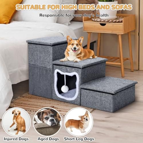 Bilibrara Dog Stairs for Small Dogs, Foldable Pet Steps for High Bed, Non-Slip 3-Step Cat Stairs with Storage, Condo and Fluffy Ball, Large Dog Indoor Ramp for Couch Window 7