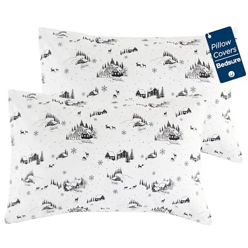 Bedsure Flannel Pillowcases Set of 2, Print Black Pillow Cases with Envelope Closure, 100% Cotton Pillowcase with Winter Forest House, Christmas Pillow Cover Gifts for Room Decor,20x30 Inches