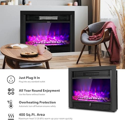COSTWAY Electric Fireplace Inserts 28.5-inch Wide, 750W/1500W Wall Recessed and Freestanding Fireplace with 3 Flame Colors, 5 Brightness Settings, 8H Timer, Remote Control, Heater for Indoor Use 8