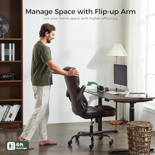 amseatec Office Chair, Executive PU Leather Chair, Ergonomic Computer Desk Chair with Lumbar Support and Adjustable Flip-Up Arms, Rocking Task Chair (Brow 6