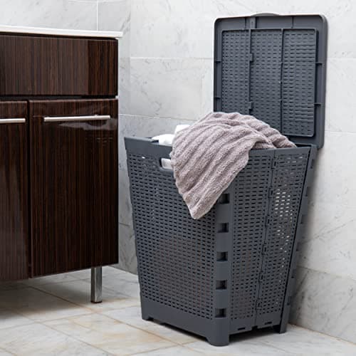 Mind Reader 61L Foldable Laundry Hamper, Clothes Basket, Lid, Wicker Design, Plastic, 18"L x 14.5"W x 21.25"H, Gray 8