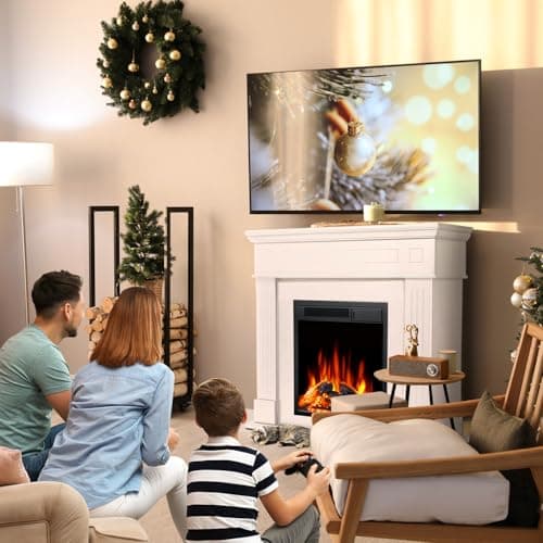 R.W.FLAME 43” Electric Fireplace Mantel Wooden Surround Firebox, TV Stand with Freestanding Electric Fireplace, Remote Control, Adjustable Led Flame, 750W/1500w Cream 8