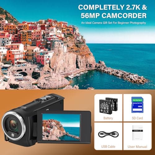 Muitune Camcorder Video Camera QHD 2.7K 56MP 16X Digital Zoom Vlogging Camera with LED Fill Light for YouTube, 2.8 Inch 270 Degree Rotation LCD Screen Camcorder with 32GB SD Card and Two Batteries 7