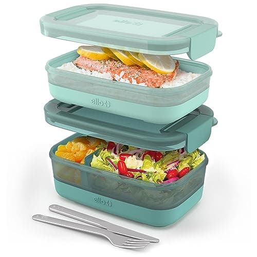 Ello 2-Pack Lunch Stack Plastic Food Storage Container Bento Box with Airtight, Leak-Proof Locking Plastic Lids and Silicone Base, BPA-Free, Freezer, Microwave, and Dishwasher Safe, Mint Chip