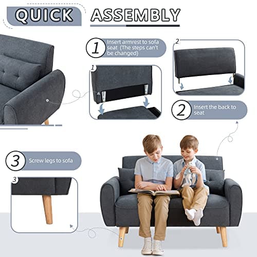 Shintenchi 47" Small Modern Loveseat Couch Sofa, Fabric Upholstered 2-Seat Sofa, Love Seat Furniture with 2 Pillows, Wood Leg for Small Space, Living Room, Bedroom, Apartment, Dark Grey 5