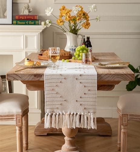 Boho Table Runner 13 x 72 Inch Long Natural Cotton Woven Runner with Tassels for Home Dining Table décor, for Modern Farmhouse Decor Coffee Table Runner, Taupe and Beige 6