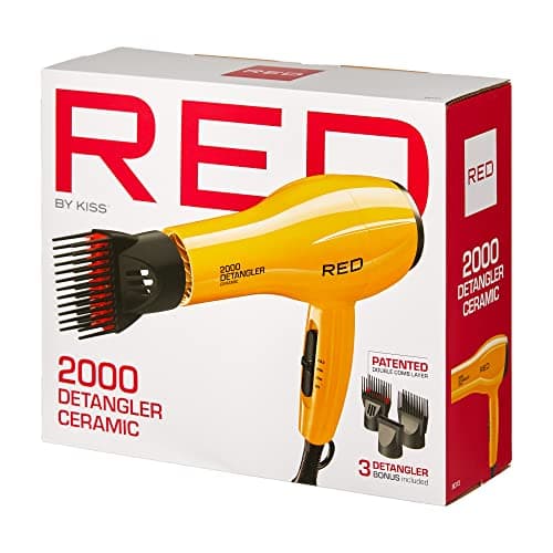 RED by KISS 2000 Ceramic Hair Dryer, Professional Salon Blow Dryer 3 Attachments Included, 2 Detangler Piks, 1 Air Concentrator (Yellow) 6