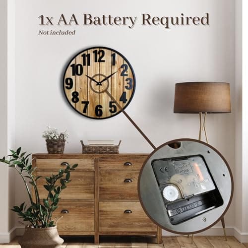 Montoire 24 Inch Wooden Farmhouse Wall Clock Large, Extra Large for Living Room Decor - Big Oversized Rustic Round Decorative Clocks for Walls, Battery Operated 7