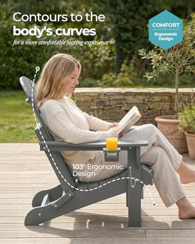 Ciokea Folding Adirondack Chair Wood Texture, Patio Chair Weather Resistant, Plastic Fire Pit Chair with Cup Holder, for Lawn Outdoor Porch Garden Backyard Deck (Grey) 5