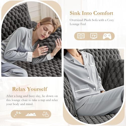 Oversized Chaise Lounge Chair Indoor:Comfy Oversized Reading Chair Fluffy Plush Cozy Couch Sofa Bed with Armrests and Pillows - Chaise Large Modern Sleeper Sofa for Living Room,Bedroom Light Grey 6