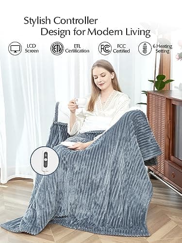 SNUGSUN Heated Blanket Throw Size, Soft and Cozy Electric Heating Blanket for Bed, Automatic Safety System 6 Heating Levels & 4 Hours Auto-Off, 50" x 60" Dark Grey 5