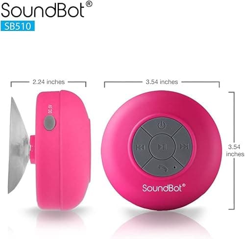 SoundBot® Waterproof Shower Speaker HD Water Resistant Bluetooth Handsfree Portable with Loud Clear Sounds 6+hrs of Playtime, Wireless Suction Cup Small Durable for Outdoors Travel Home SB510 (Pink) 6