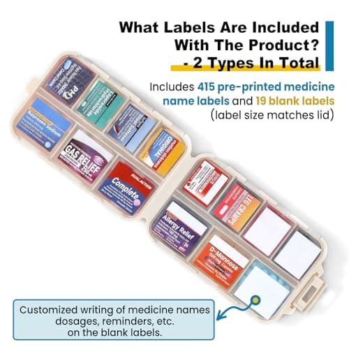 14 Grids Travel Pill Organizer Box with 415-Pcs Medicine Name Labels - Pocket Daily Pharmacy Case Container Kit - Travel Medication Holder Dispenser for Fish Oil Vitamin Supplement Storage - Khaki 3