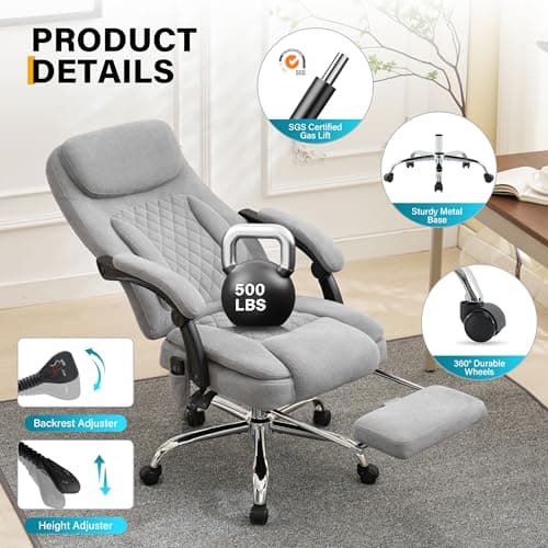 6-Point Massage Ergonomic Office Chair with Heated, Footrest & 45Reclining High Back, Big and Tall Executive Desk Chair 500LBS, Thick Cushion for Home Office, Grey 8