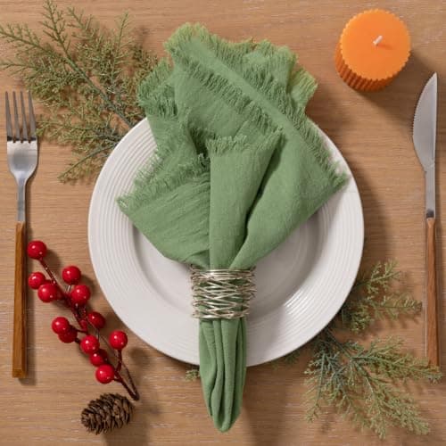 LINXTAR Handmade Cloth Napkins with Fringe 4 Pack 17''x17'' Thick Cotton Linen Napkins Soft Versatile Dinner Table Napkins for Parties Weddings Everyday Use - Sage