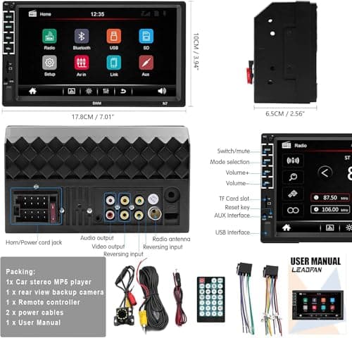 7" Car Stereo Double Din Touch Screen Car Radio Audio Receiver FM Radio Bluetooth Video Remote Control MP5/4/3 Player Android Phone Mirror Link USB/SD/AUX Hands Free Calling with Camera 6