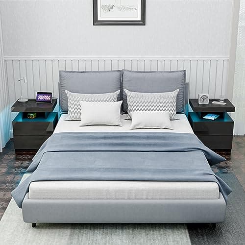 HOMMPA LED Nightstand with Wireless Charging Station & USB Ports High Gloss Bedside Table with LED Light RGB Adjustable Brightness Smart Nightstand 2 Drawers Night Stand for Bedroom Black 8