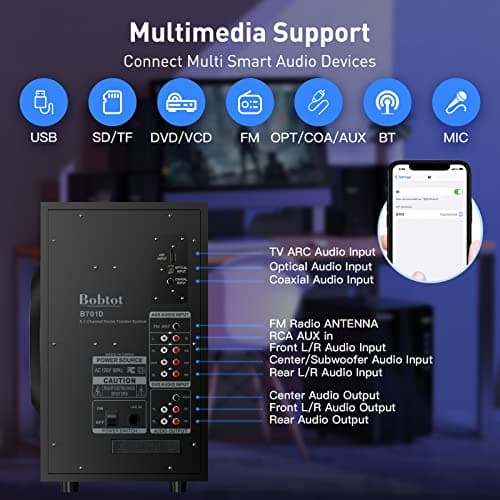Bobtot 5.1 Channel 800W Home Theater System with Subwoofer, Bluetooth, and HDMI ARC - For TV, DVD, FM Radio 8